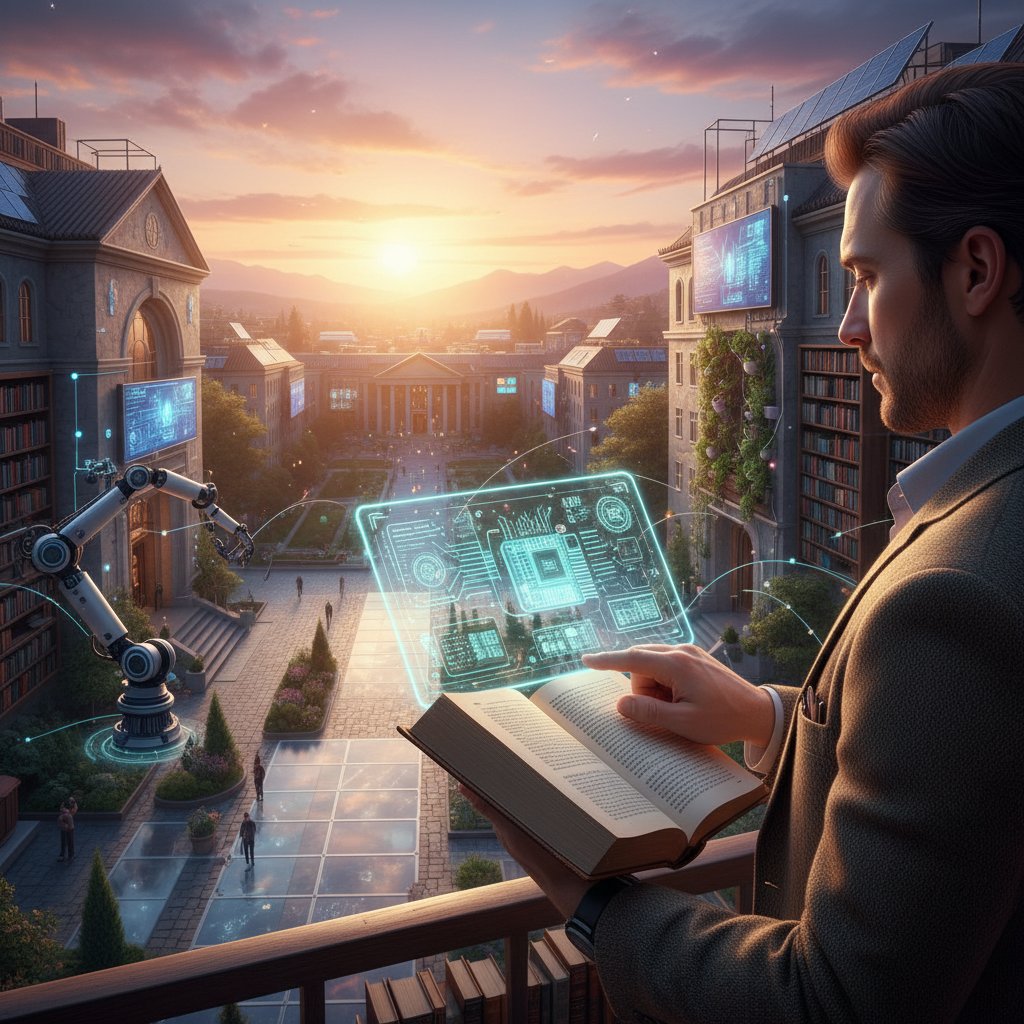 Researcher poised between digital innovation and classic scholarship, sunrise in background. A hopeful image capturing the future of online academic research productivity software.