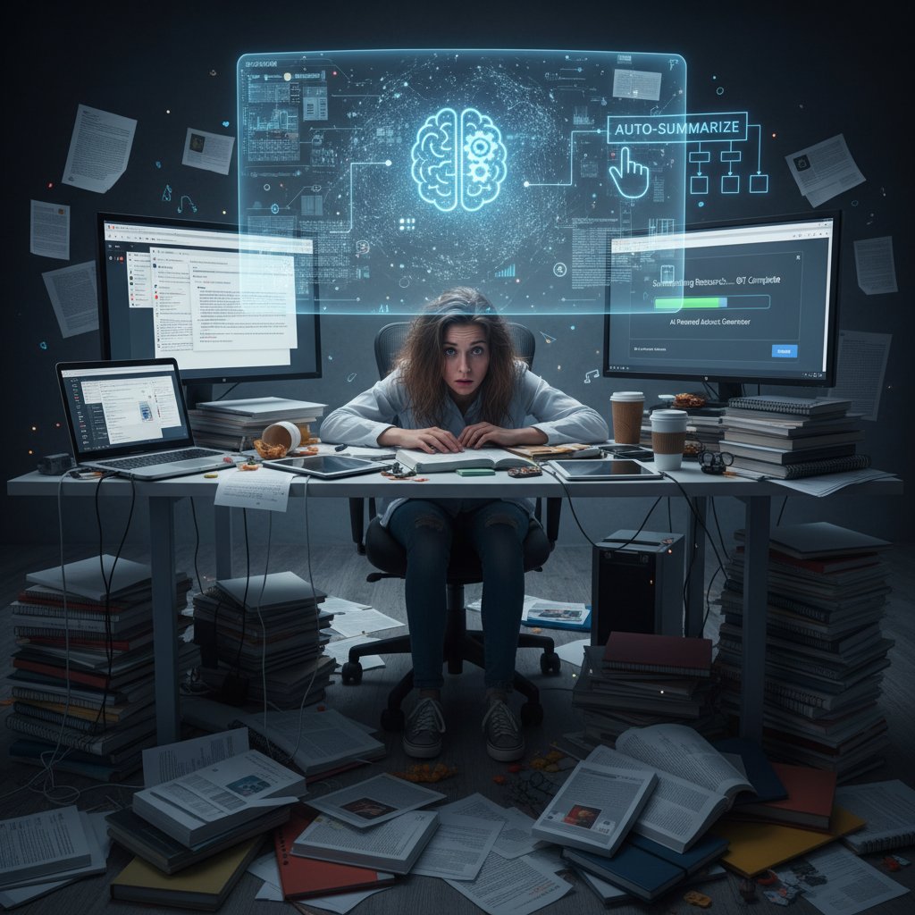 A stressed researcher surrounded by academic papers, digital screens, and a chaotic workspace, symbolizing information overload and the need to summarize research automatically