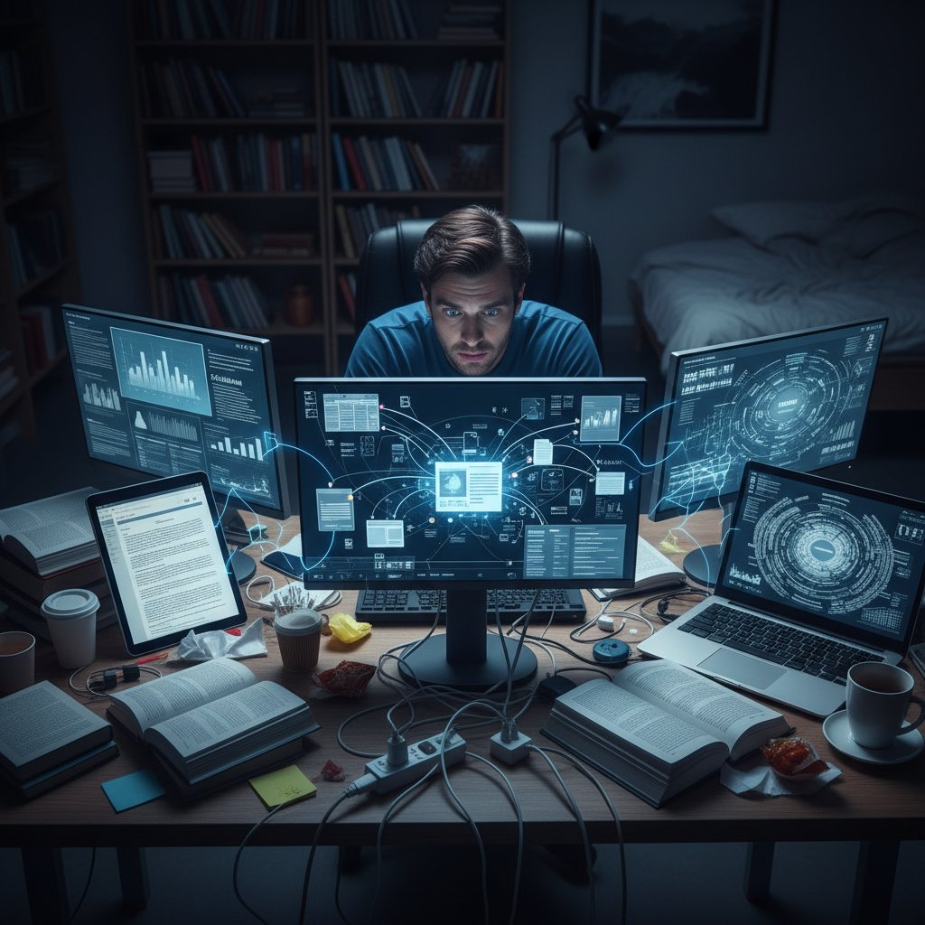 Academic researcher surrounded by multiple digital screens, scattered notes, and a stressed expression, illustrating information overload in literature reviews