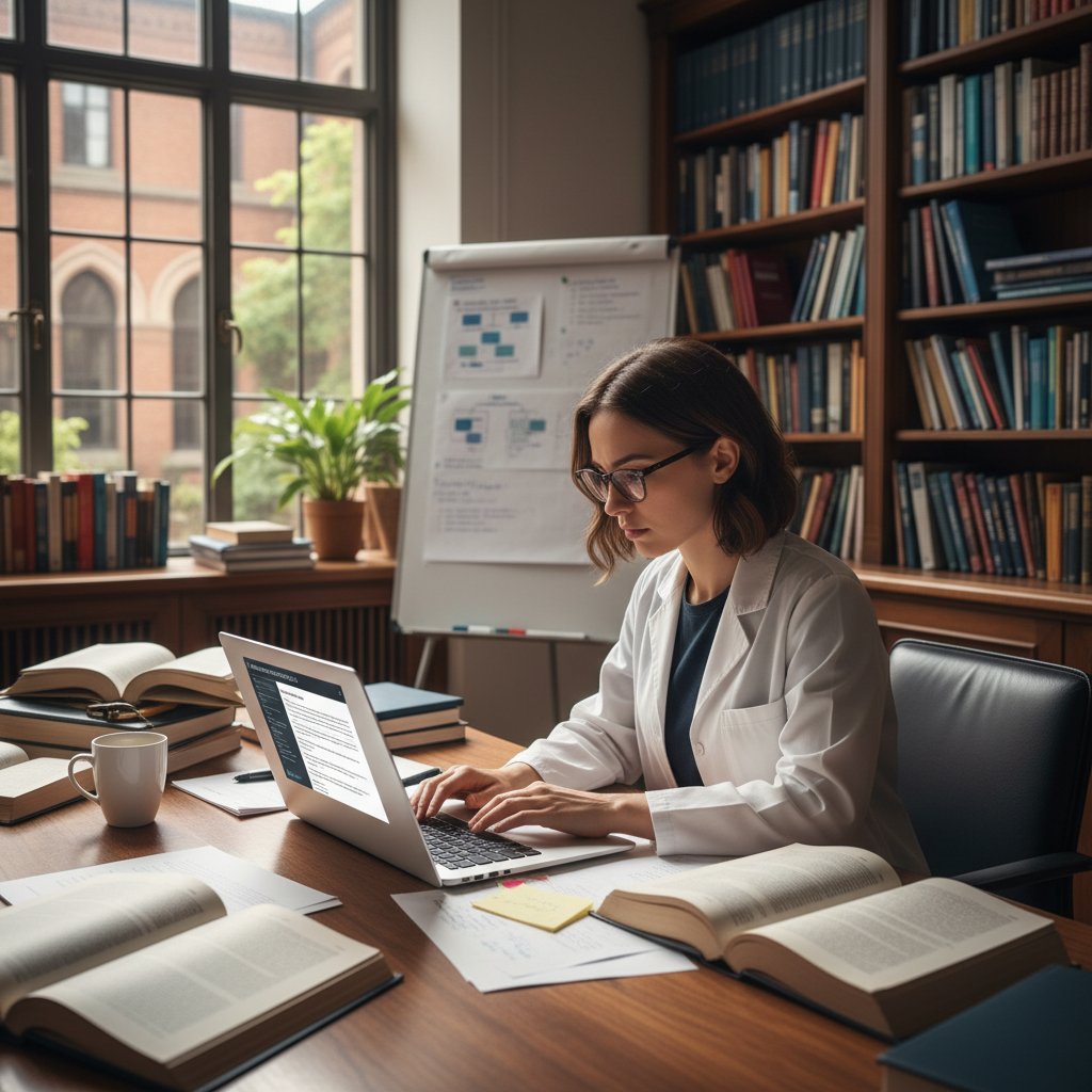 Researcher reviewing goal drafts on laptop in a busy academic office