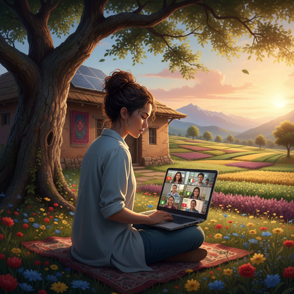 A researcher in a rural area collaborating with a global team online.