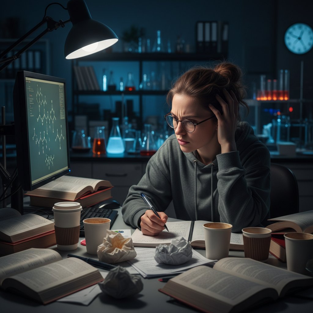 Photojournalistic image of a researcher working late at night with coffee cups and intense focus, illustrating online academic researcher career advice and burnout