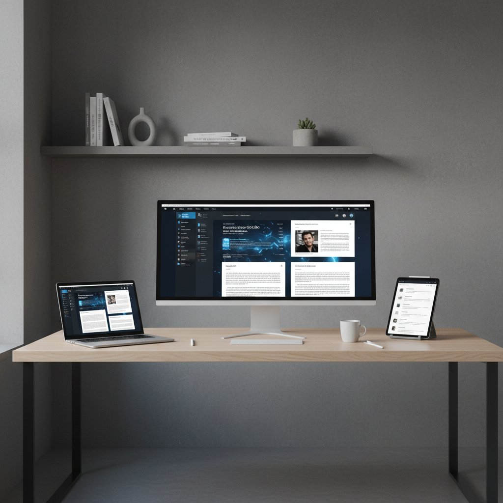 Academic researcher updating digital profile online, minimalist workspace, digital publications visible