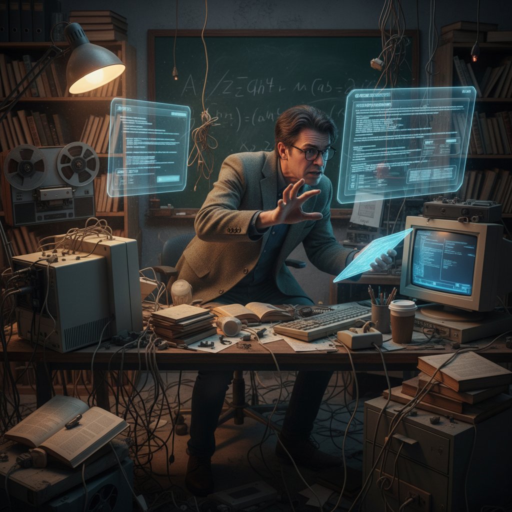 Researcher surrounded by outdated and new tech, looking skeptical, cluttered environment.