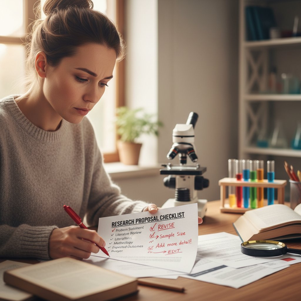 Researcher calmly reviewing checklist with proposal drafts, coffee, and red-pen edits before submission