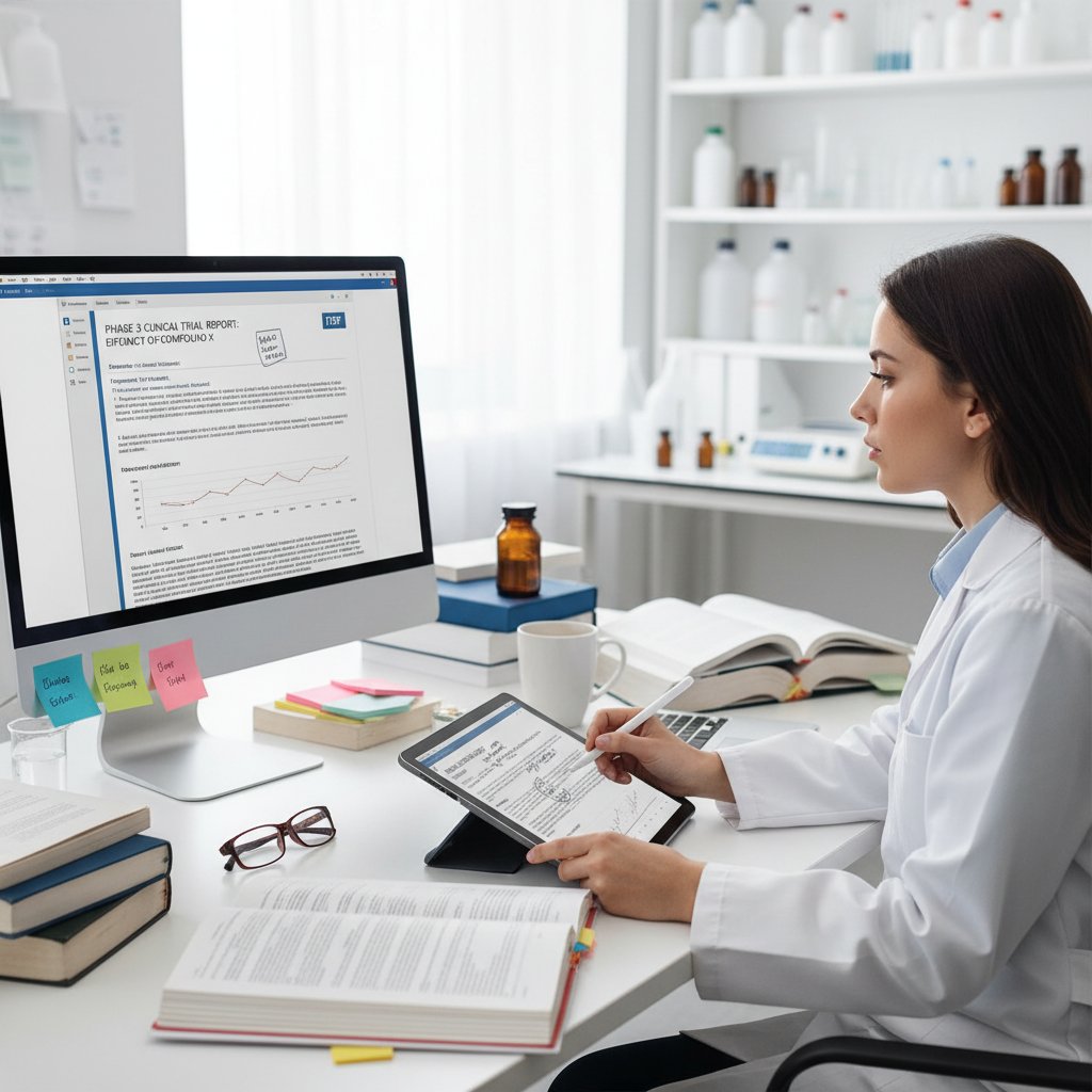 Highlighting key sections in a clinical trial report, researcher annotating