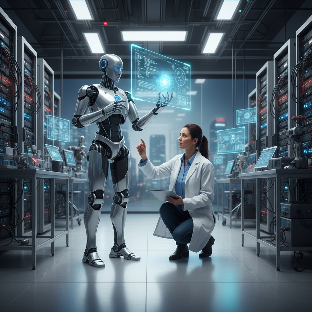 Badacz testujący robota w laboratorium AI, eksperymenty naukowe