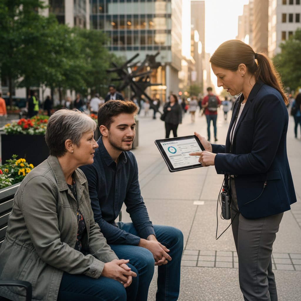 Badacz zbiera dane od uczestników badania przy użyciu tabletu