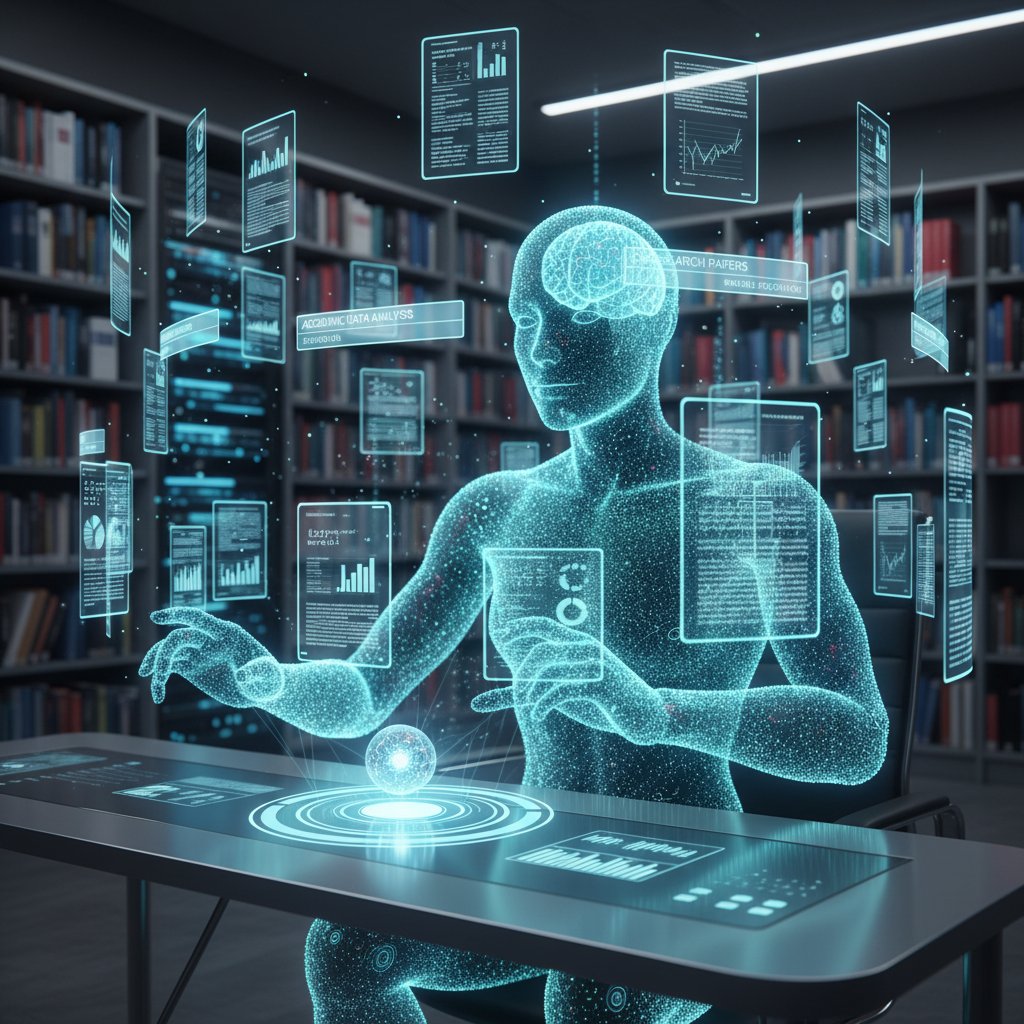 A researcher and AI assistant analyzing academic data together, stacks of papers and a digital hologram