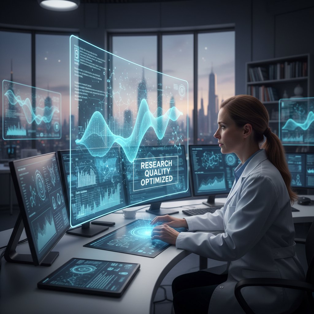 A researcher collaborating with an AI assistant on a laptop, illustrating virtual research innovation