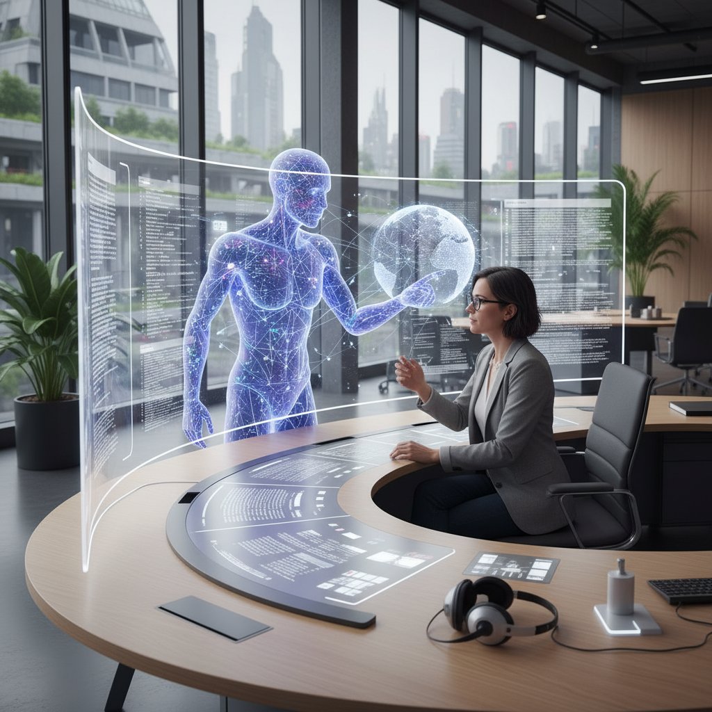 Collaborative image: Researcher and AI avatar examining results together, symbolizing the hybrid approach to literature review