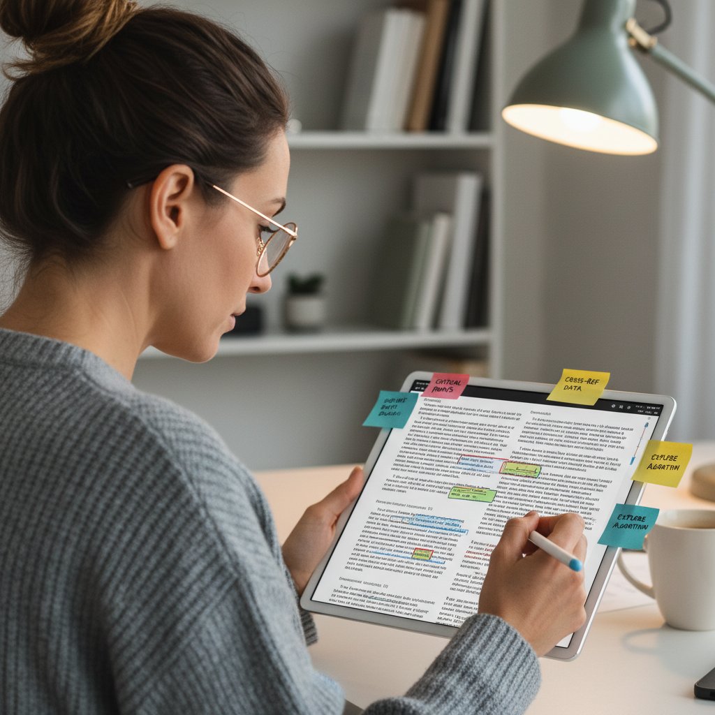 Researcher annotating academic paper with digital tablet, color-coded highlights and margin notes