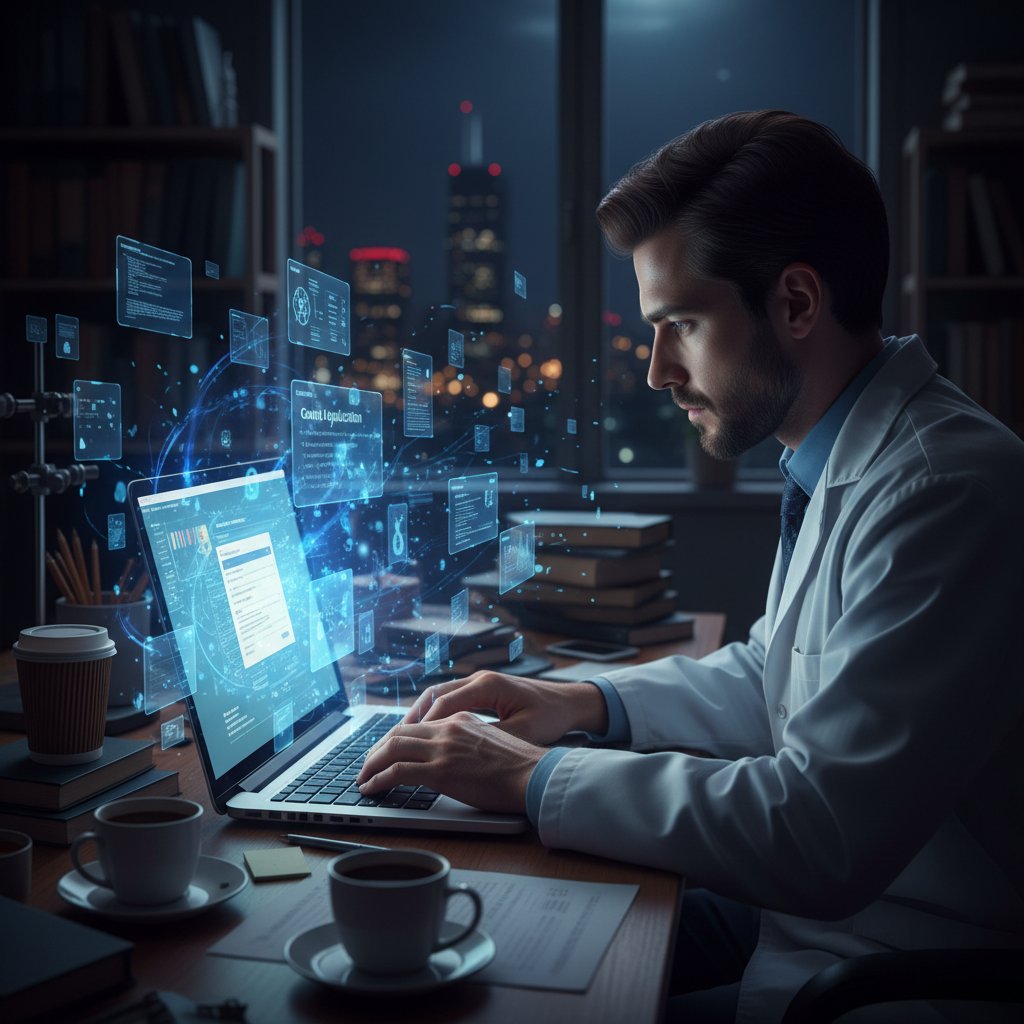 A digital researcher applying for grants online at night, surrounded by floating data and virtual documents