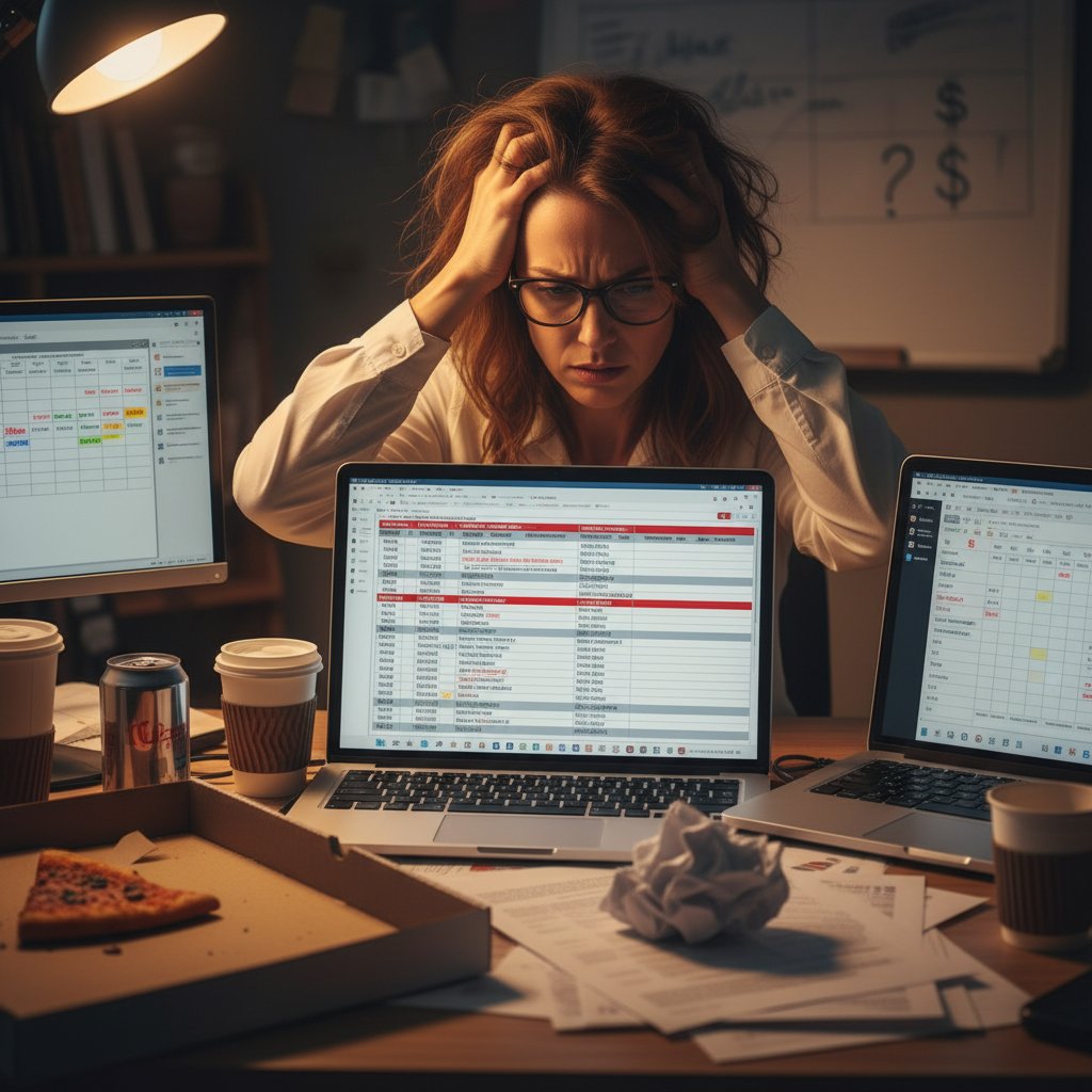 Researcher surrounded by spreadsheets, calendars, sticky notes, and timelines, looking frustrated