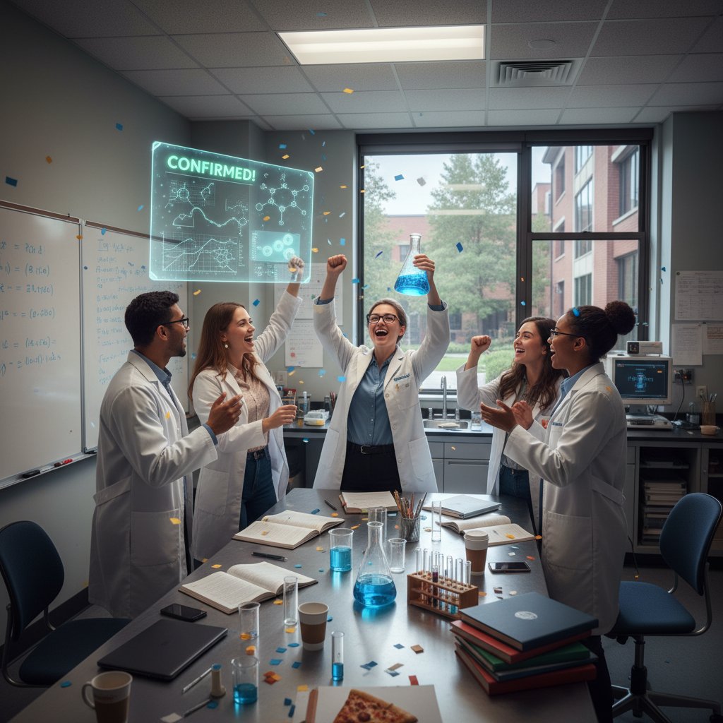 Researcher celebrating a major discovery in a vibrant, modern workspace