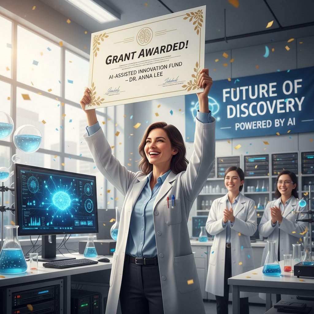 Researcher celebrating AI-assisted grant win, digital hologram of certificate