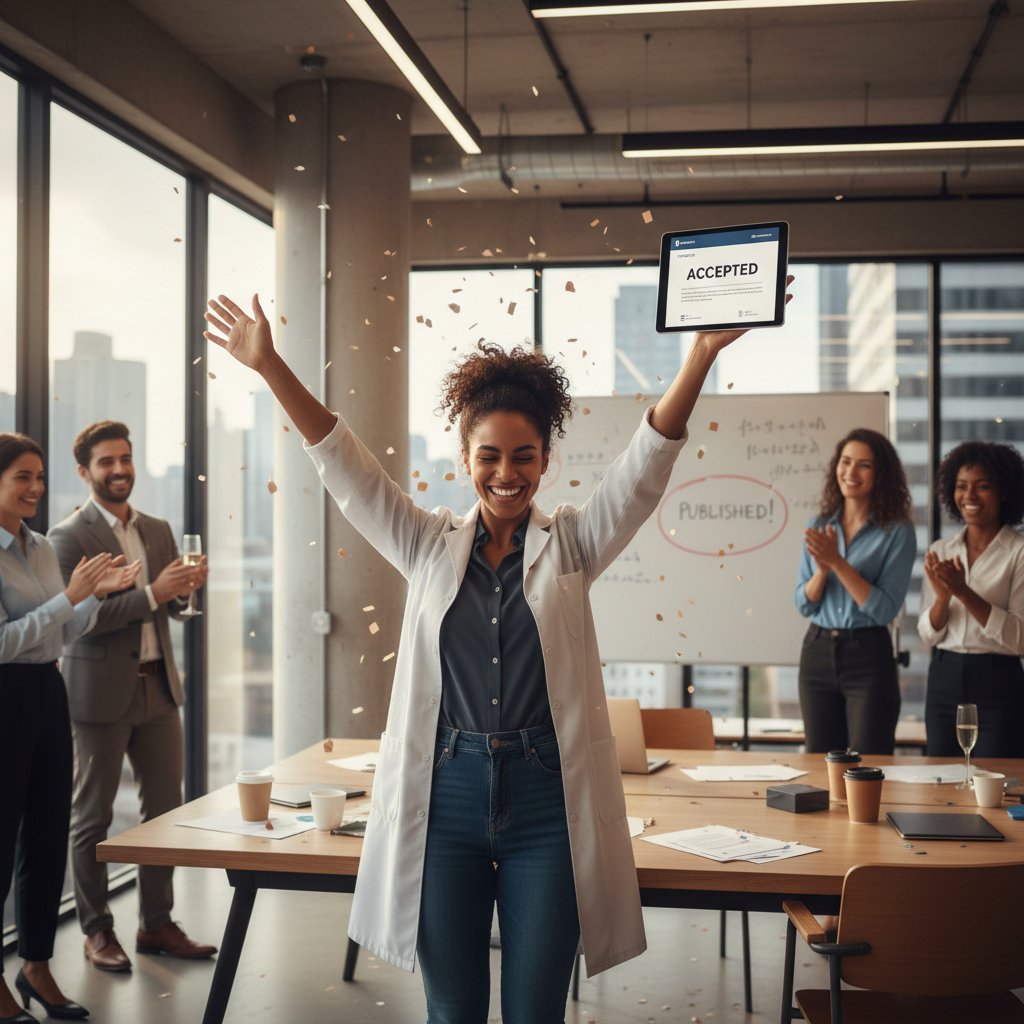 Editorial style photo of academic researcher celebrating successful article submission, digital acceptance letter on screen