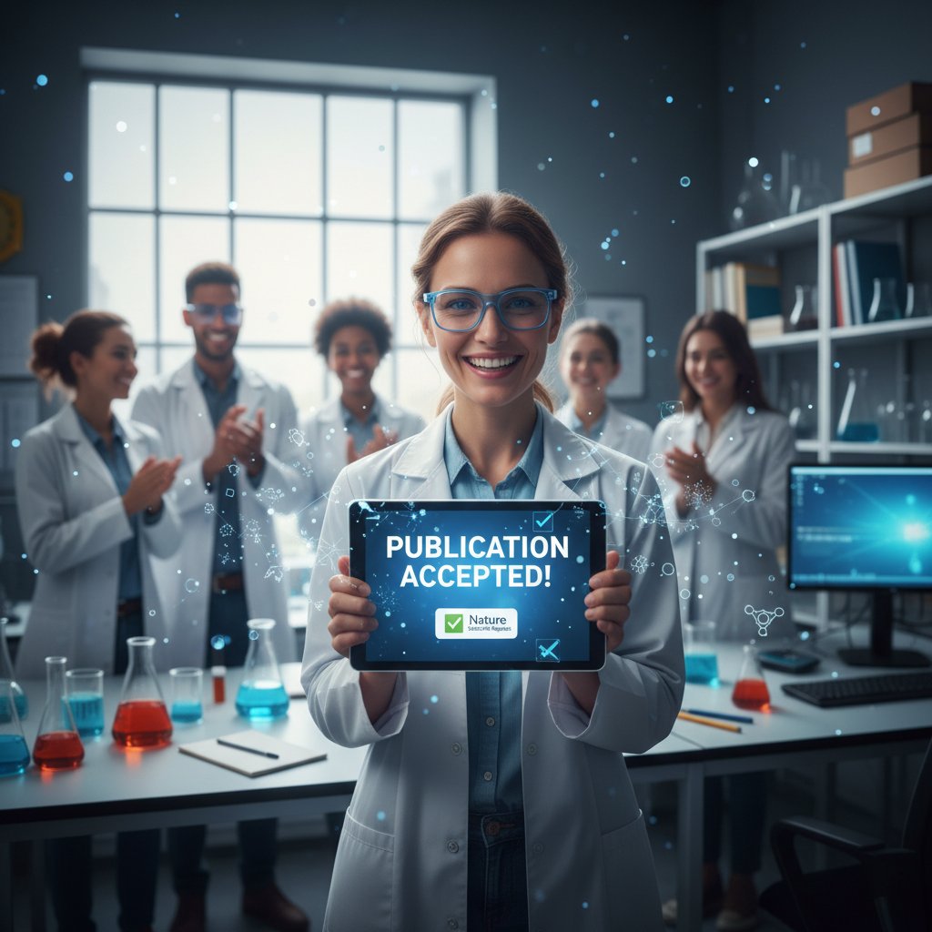 Researcher celebrating publication, digital notification overlay, academic success online