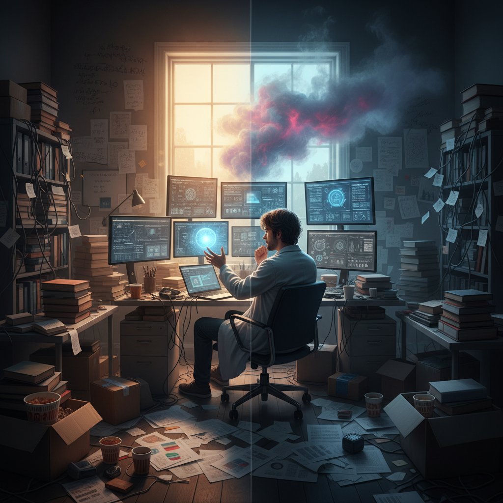 Photo showing a stressed researcher surrounded by chaotic stacks of papers and post-its, half the room in darkness and the other half lit, with 'clarity' written on a glass wall.