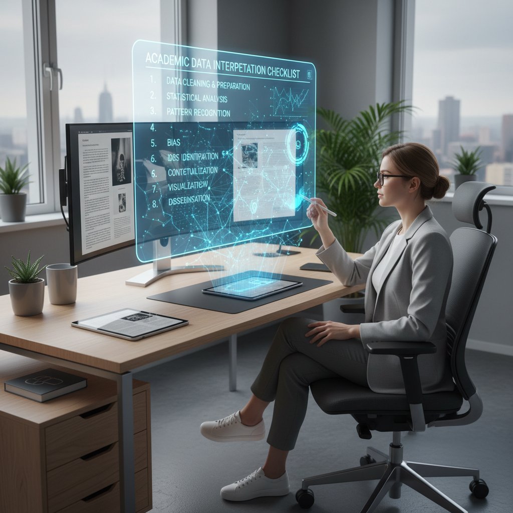 Photo of researcher checking checklist on digital tablet in modern academic workspace, efficient academic data interpretation