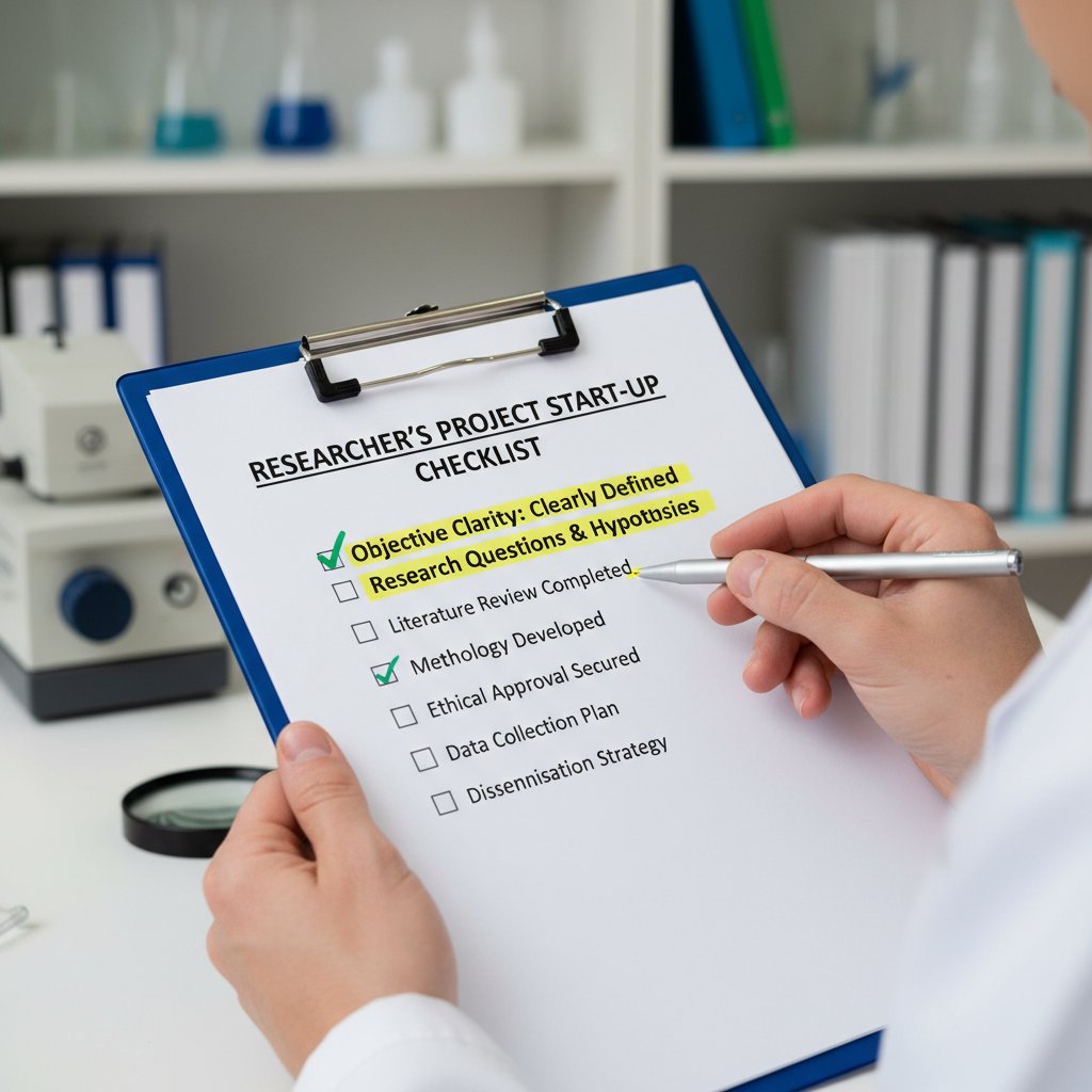 Photo of a researcher holding a precision checklist, focused on clear objectives.