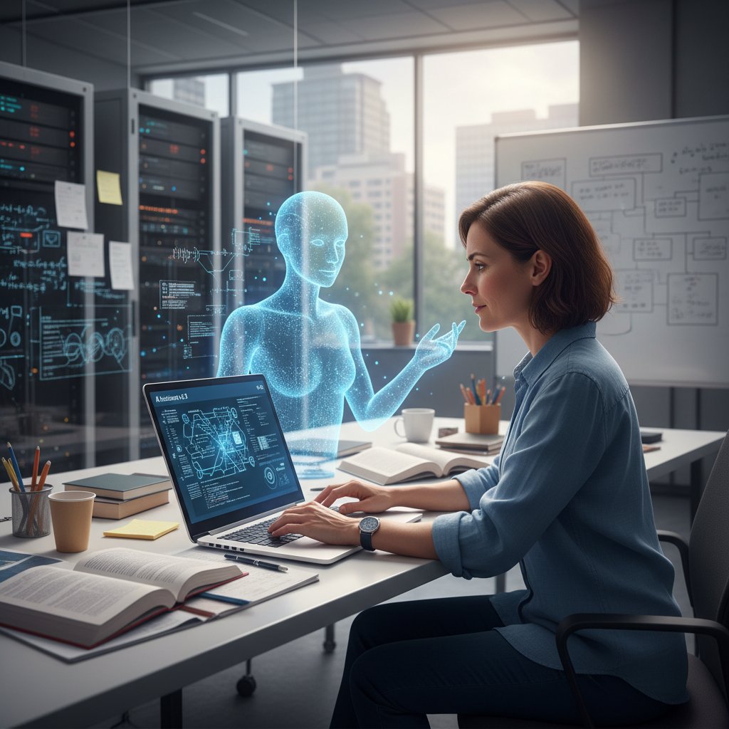 A photo of a researcher collaborating with an AI assistant on a laptop