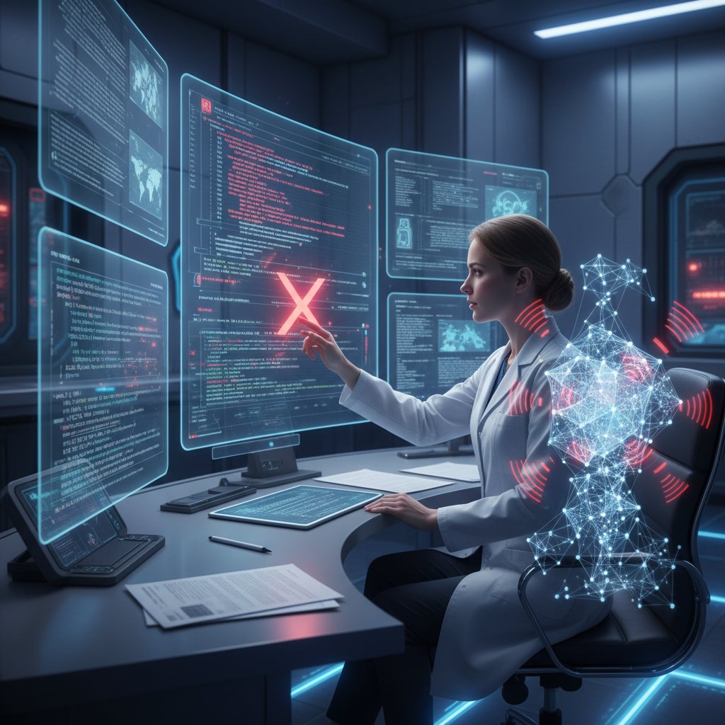 Photo of researcher collaborating with AI interface, both focusing on a screen of flagged errors