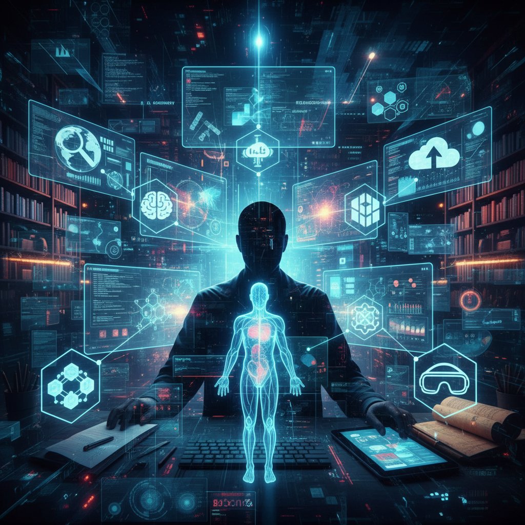 Collage photo of three researchers surrounded by their chosen digital tools, showing the diversity of online academic researcher technology tool stacks