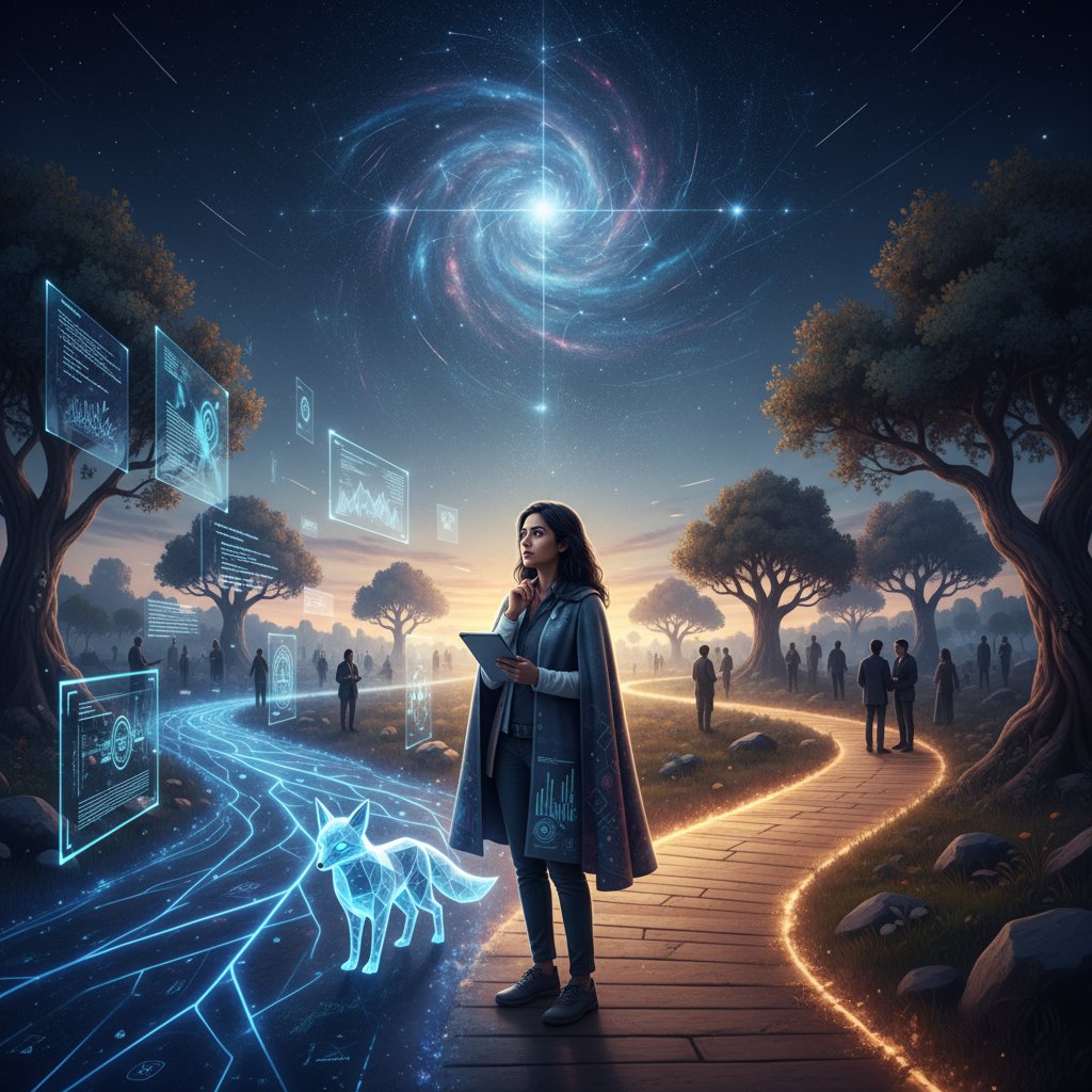 Symbolic photo of a researcher at a crossroads, pointing toward both digital and human pathways, contemplative mood, dramatic sky, representing the choice between AI and traditional research assistants