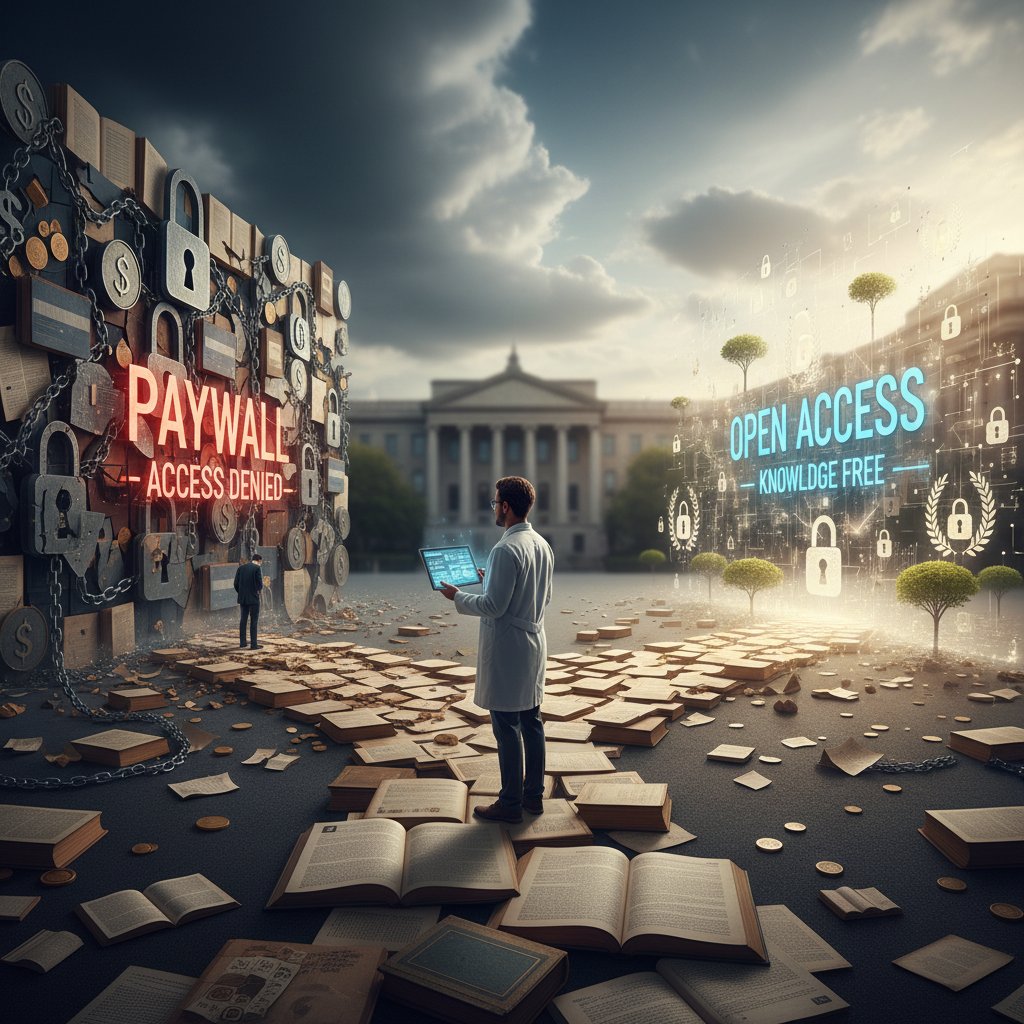 Researcher at a crossroads, two paths labeled paywall and open access, symbolizing decision-making when accessing research papers