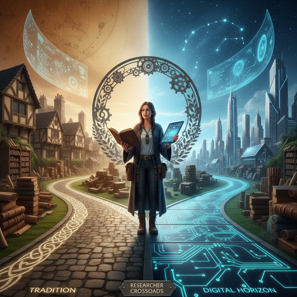 Researcher at crossroads of tradition and technology, looking toward digital horizon in academic quad, symbolizing decision in academic budget management