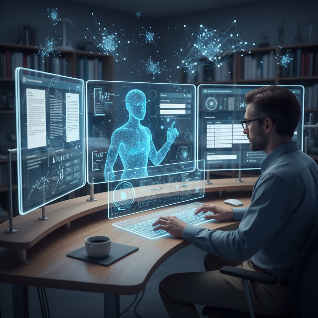 Researcher at a cluttered desk with digital interface and AI assistant emerging from screen, representing virtual assistant for academic data entry tasks