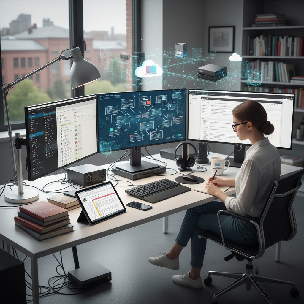 Cinematic photo of a researcher in a dim, high-tech lab, surrounded by monitors, sticky notes, and coffee cups, orchestrating a seamless digital research workflow