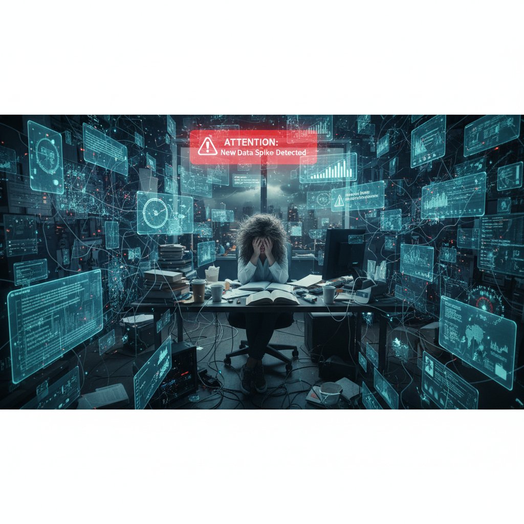 Researcher overwhelmed by multiple screens and AI notifications in cluttered office