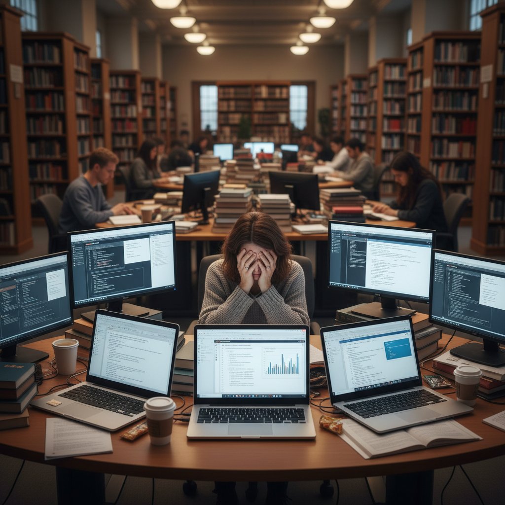 Researcher navigating information overload in online academic libraries, digital screens and data streams
