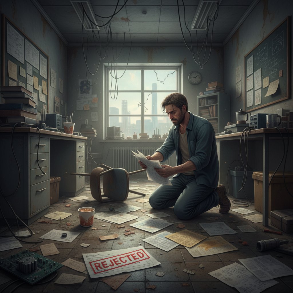 Gritty documentary-style photo of a researcher picking up spilled papers in a dark, cluttered room, symbolizing professional setbacks