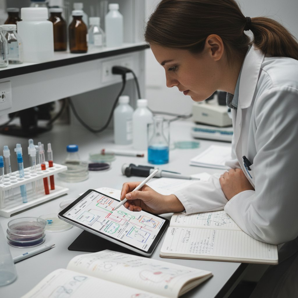 Researcher planning experiment on a digital tablet, visualizing efficient hypothesis testing