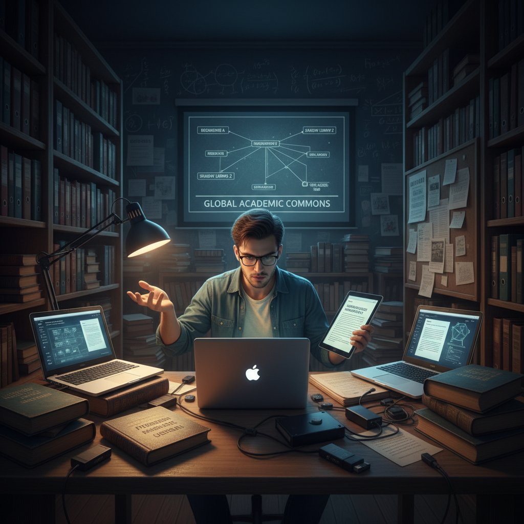 Researcher navigating the world of preprints and shadow libraries, exploring digital maze of open access portals