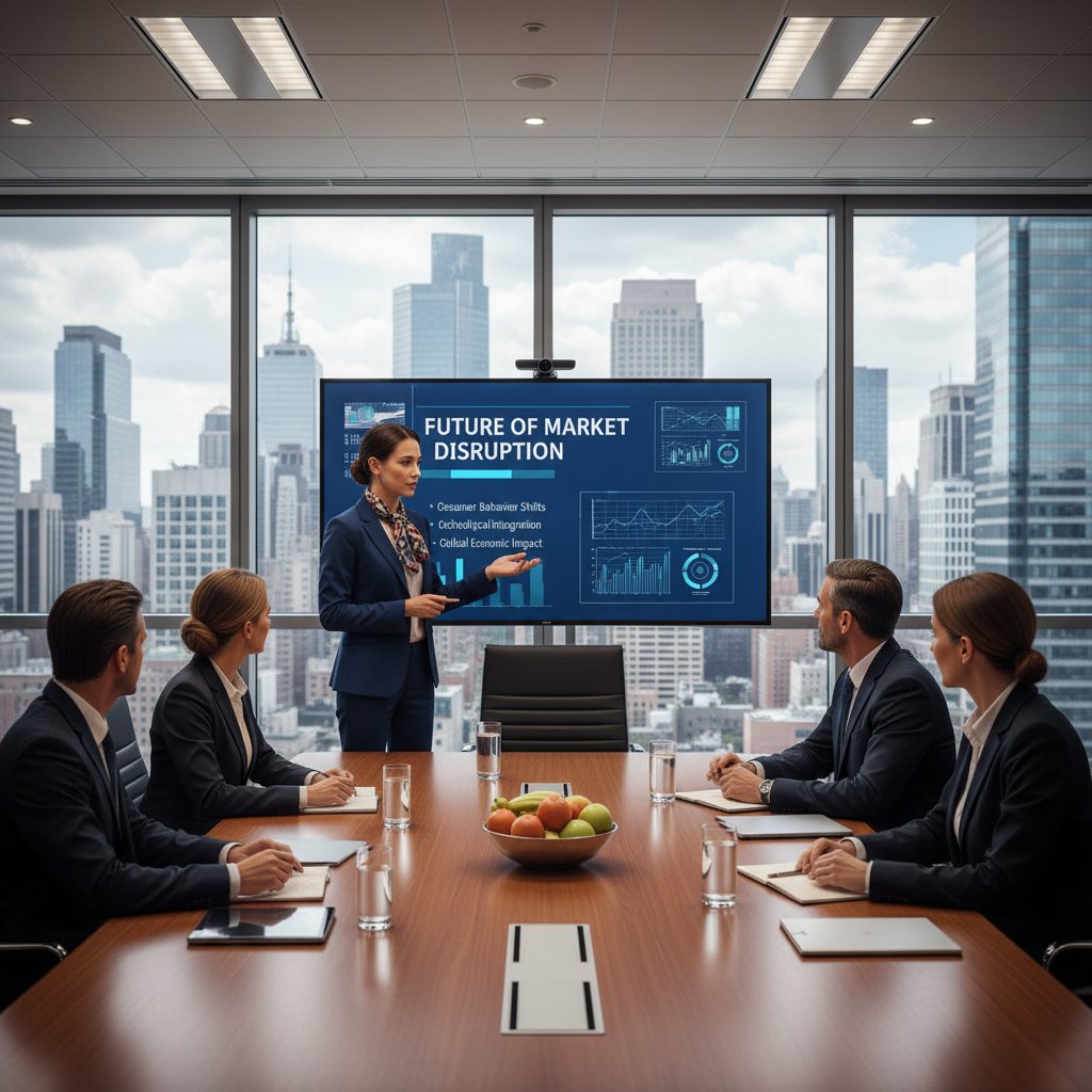 Freelance academic researcher presenting insights to a boardroom of business executives