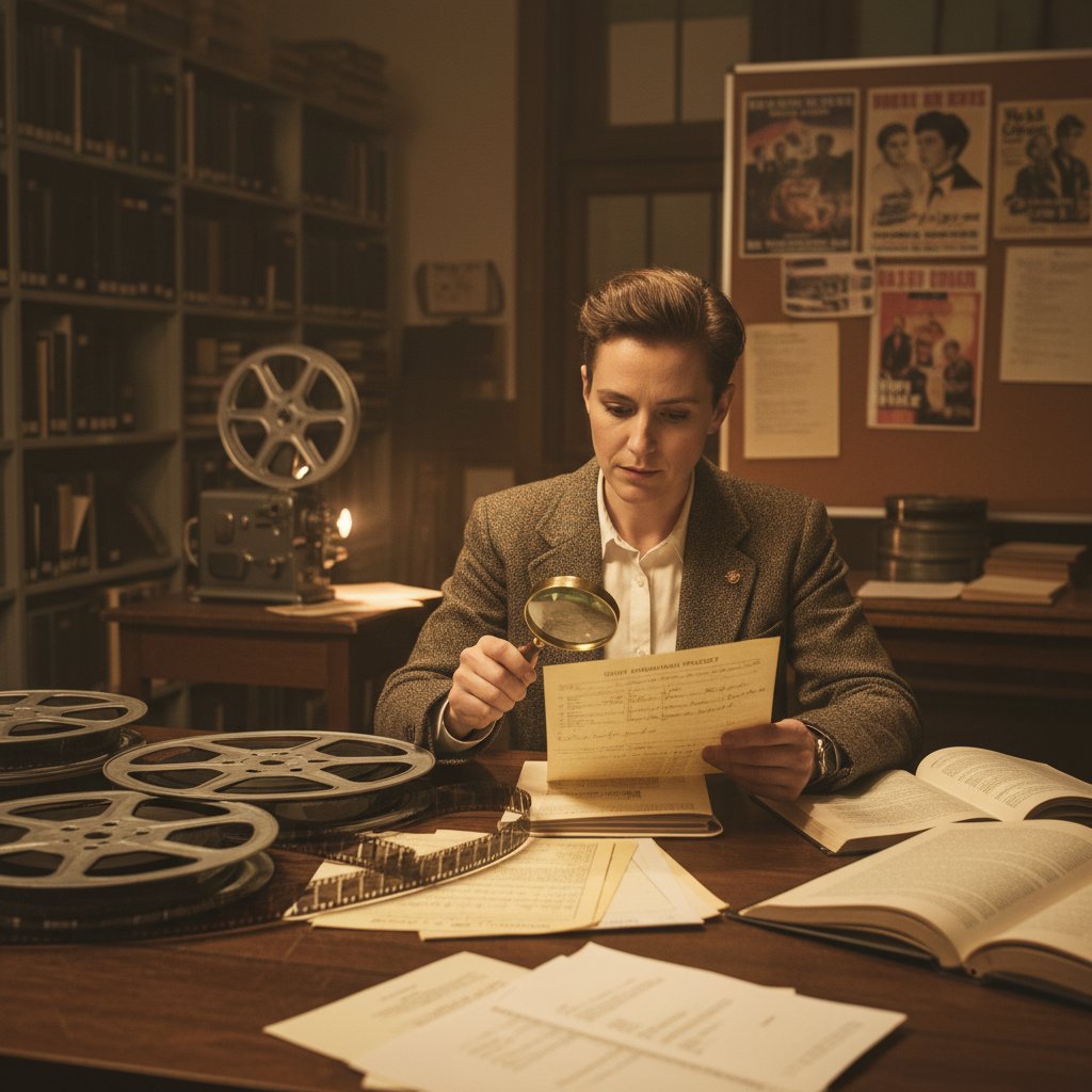 Researching queer cinema history, editorial photo with film reels and data sheets