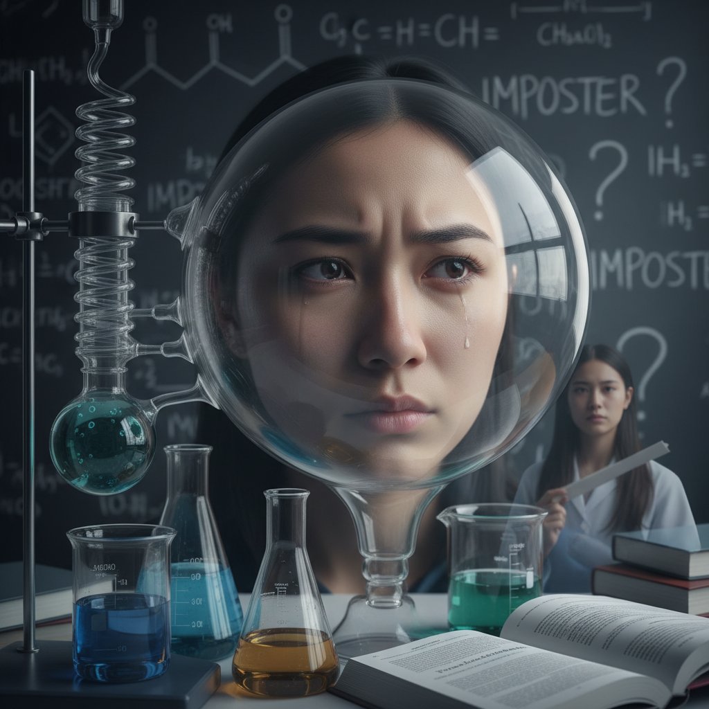 Close-up researcher reflection, academic impostor syndrome, self-doubt in assistant career growth