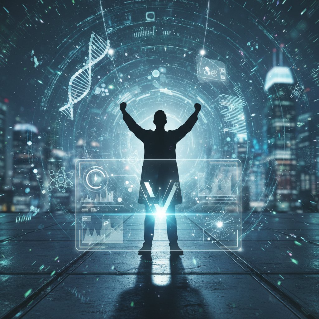 Researcher silhouetted against a wall of glowing data, victorious but wary, power of research parameters