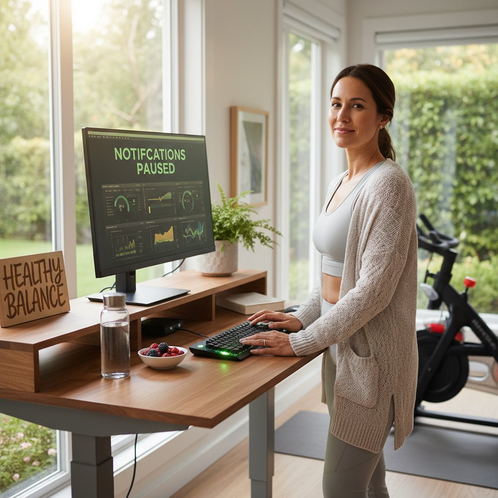 Researcher stretching at a standing desk with notifications paused, sunlight streaming in, healthy digital boundaries in academic research assistant online community