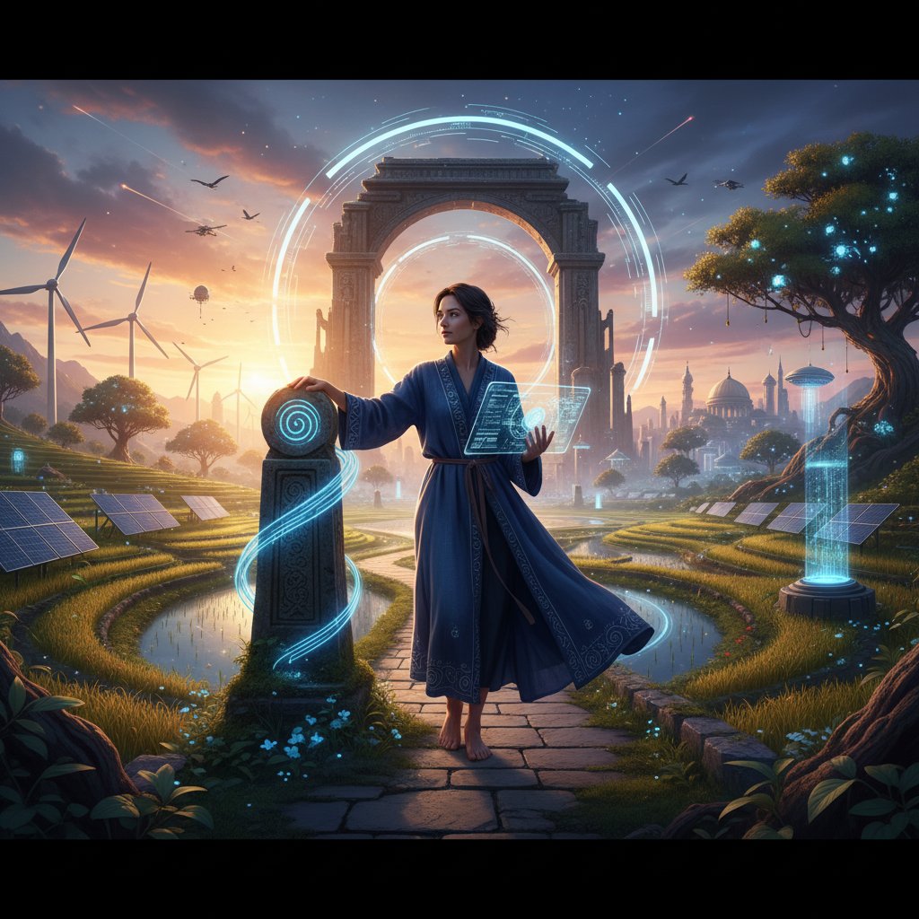 Researcher choosing between legacy and automation, standing at crossroads of tradition and technology, narrative, hopeful, cinematic, 16:9