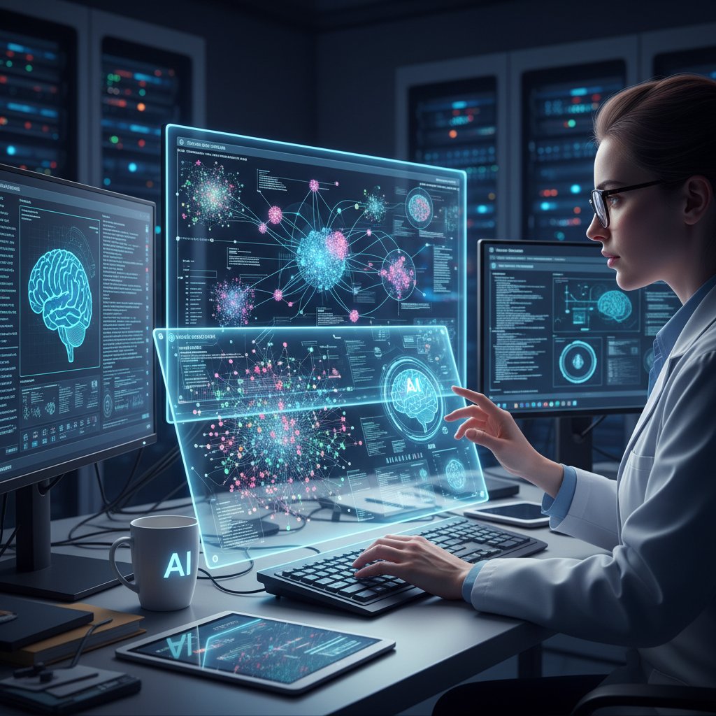 A researcher using AI tools on multiple screens, with digital datasets and notes swirling around, symbolizing both power and overload