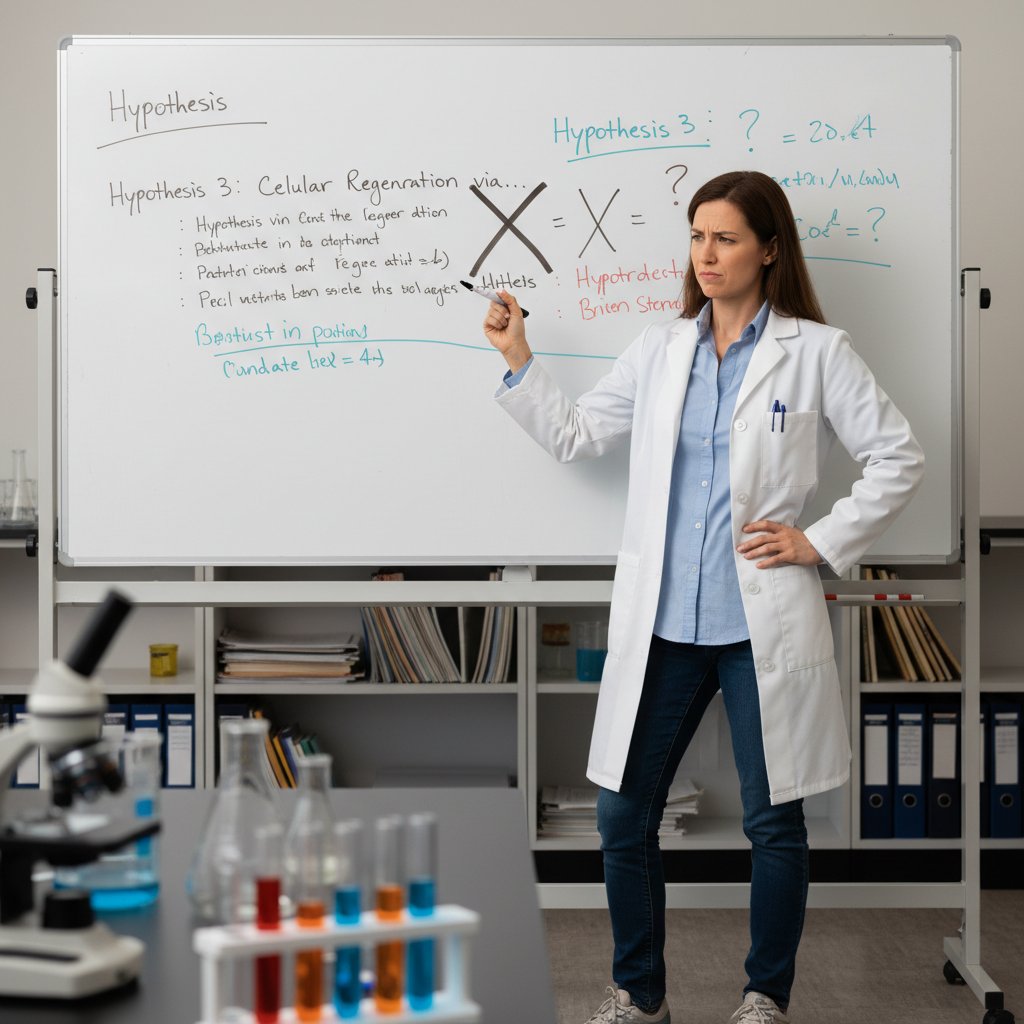 Photo of researcher crossing out vague hypotheses on a whiteboard