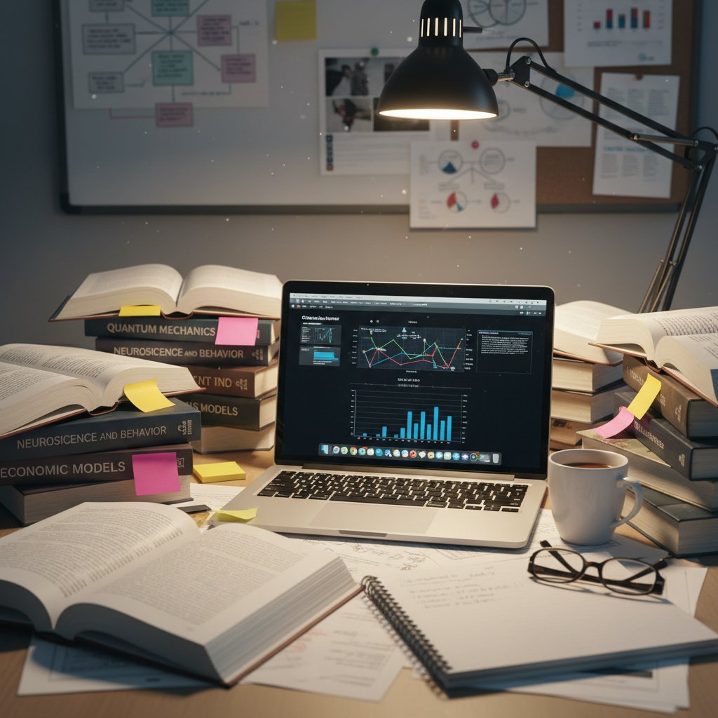 Well-lit desk with open laptop, notebooks, and research books, representing online academic researcher career advice resources