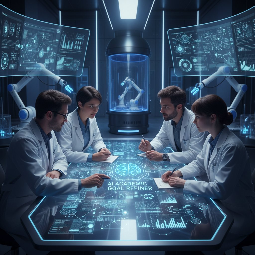 Team of researchers using AI-powered software to refine academic goals in a modern lab