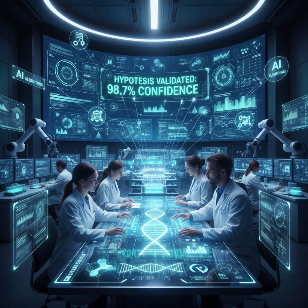 Researchers leveraging AI for rapid hypothesis validation in a high-tech lab setting, symbolizing modern innovation