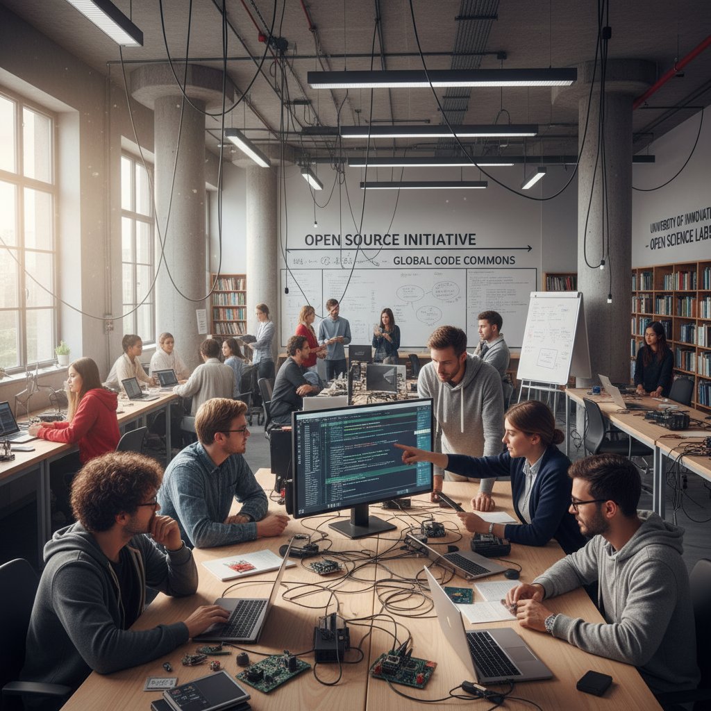 Programiści i naukowcy pracujący wspólnie nad otwartym modelem językowym w uczelnianym laboratorium